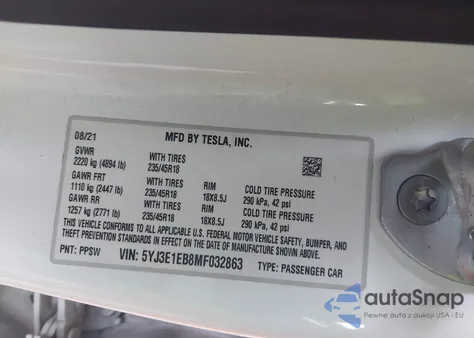 2021 Tesla Model 3 Long Range Dual Motor All-Wheel Drive из США, поврежденный, VIN 5YJ3E1EB8MF032863